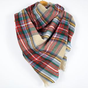 Cozy at Heart Plaid Blanket Scarf (Tan)